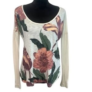 Lucky Brand Floral Long Sleeve M Cream Supima Cotton Slub Top Boho Work Cottage